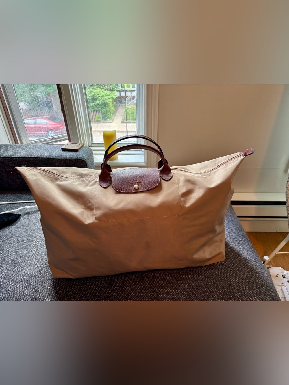 XL Longchamp Tote with Brown Leather Trim